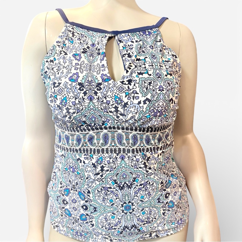 Ellen Tracy Tankini Swim Top Women's 14 Blue Navy Boho-Chic Vacation Beach